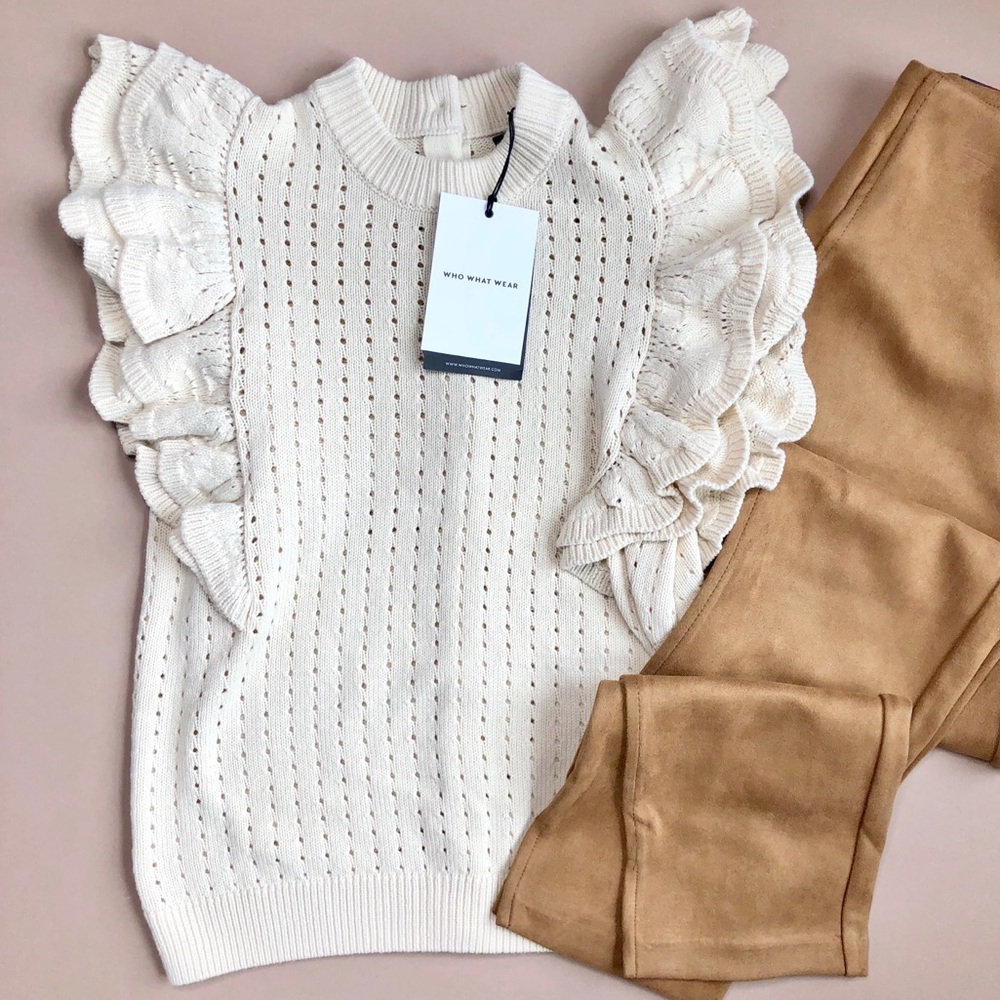 Who What Wear Cream Ruffle Sleeve Pointelle Knit Sweater